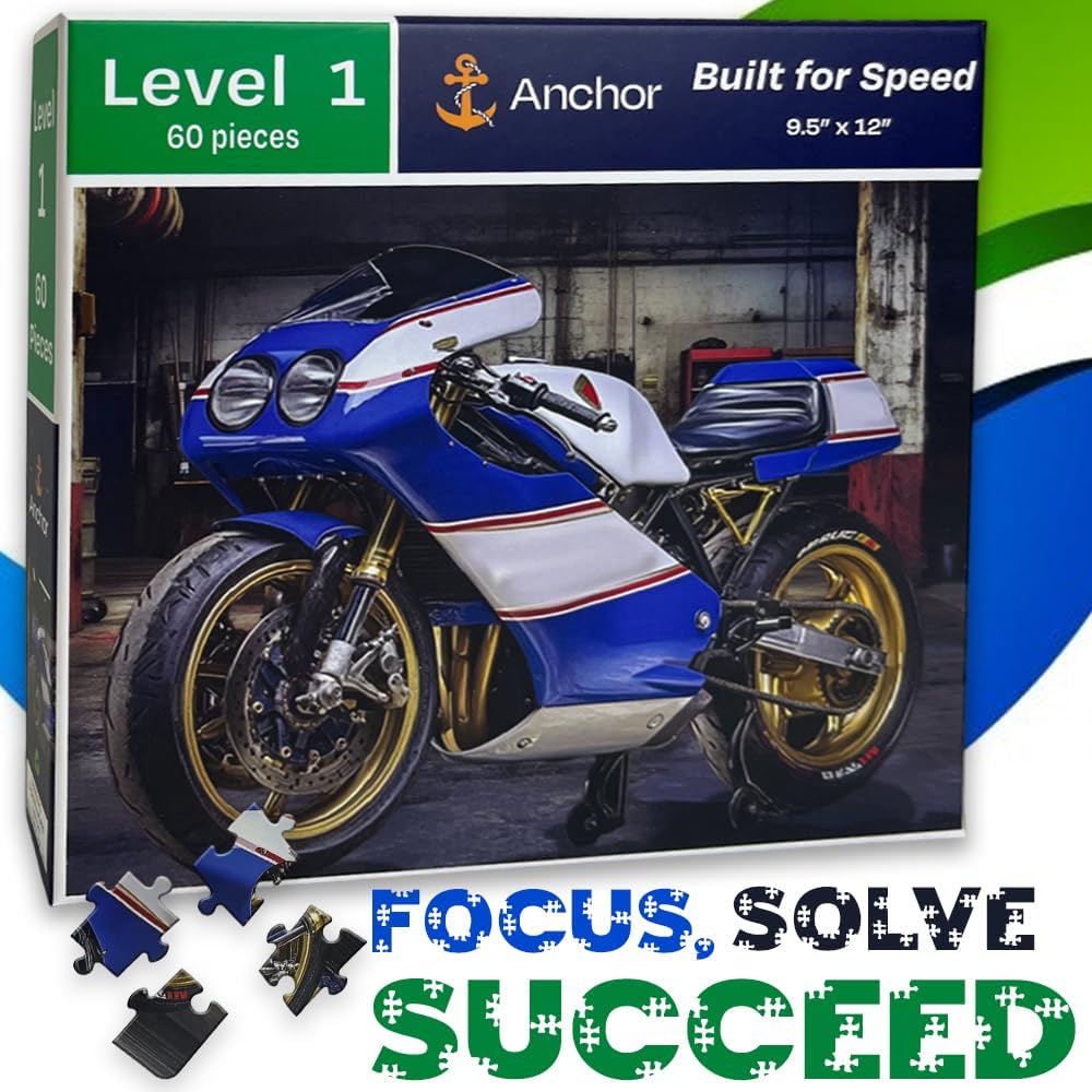 Anchor Level 1 Activity – Built for Speed | 60-Piece Motorcycle Scene for Cognitive Therapy, Dementia, TBI, and Senior Engagement