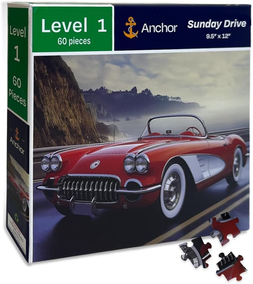 A 60-piece puzzle depicting a red vintage car on a road, with some pieces assembled.
