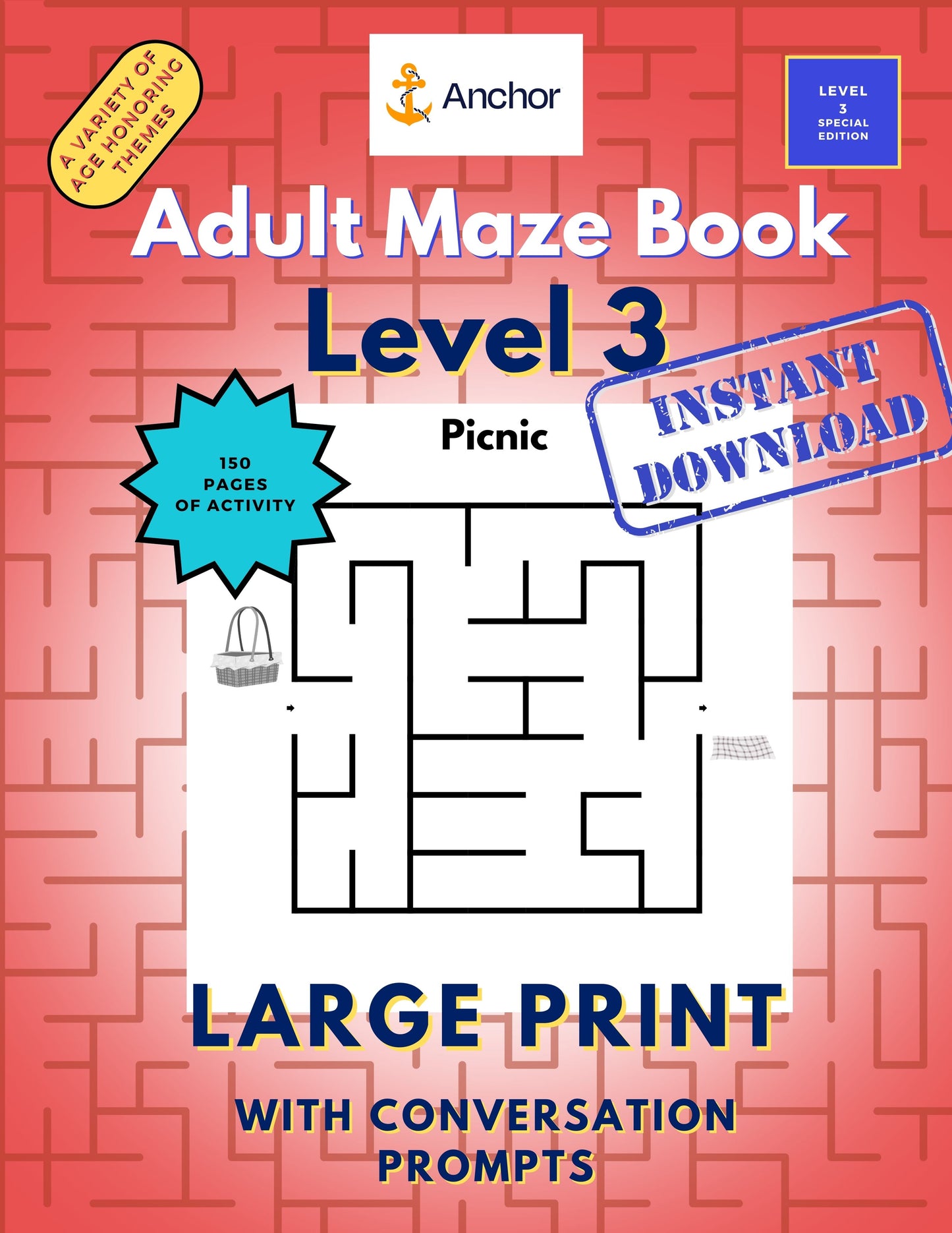 Printable Maze Activity Pack – Level 3 Easy(150 Mazes + Conversation Starters) | Large Print PDF for Adult Cognitive Support