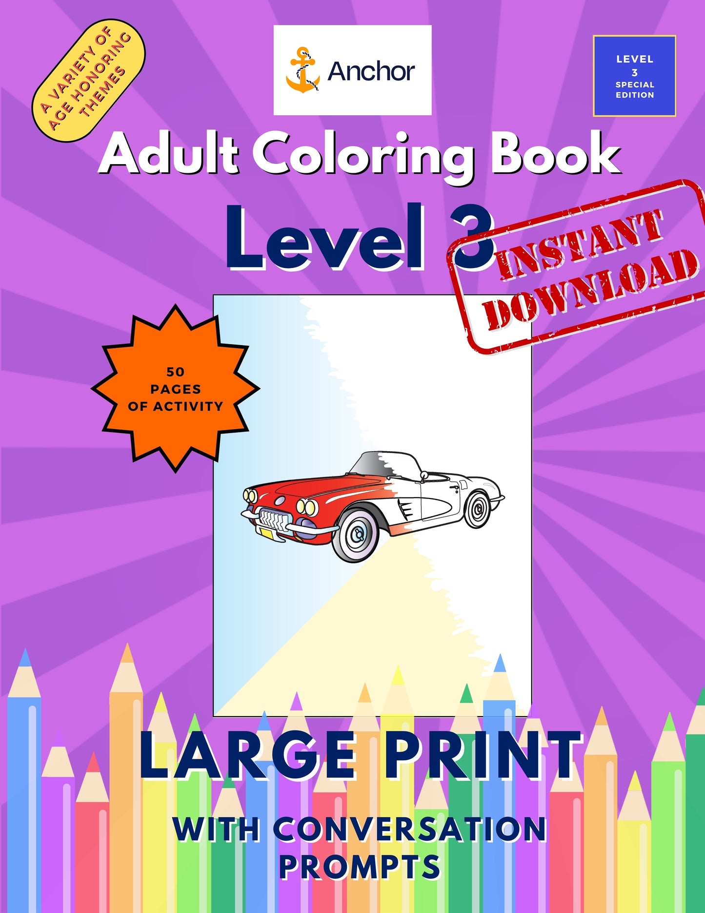 Printable Adult Coloring Pack – Level 3 | 25 Simple Pages with Poems & Prompts | Large Print PDF for Cognitive Wellness