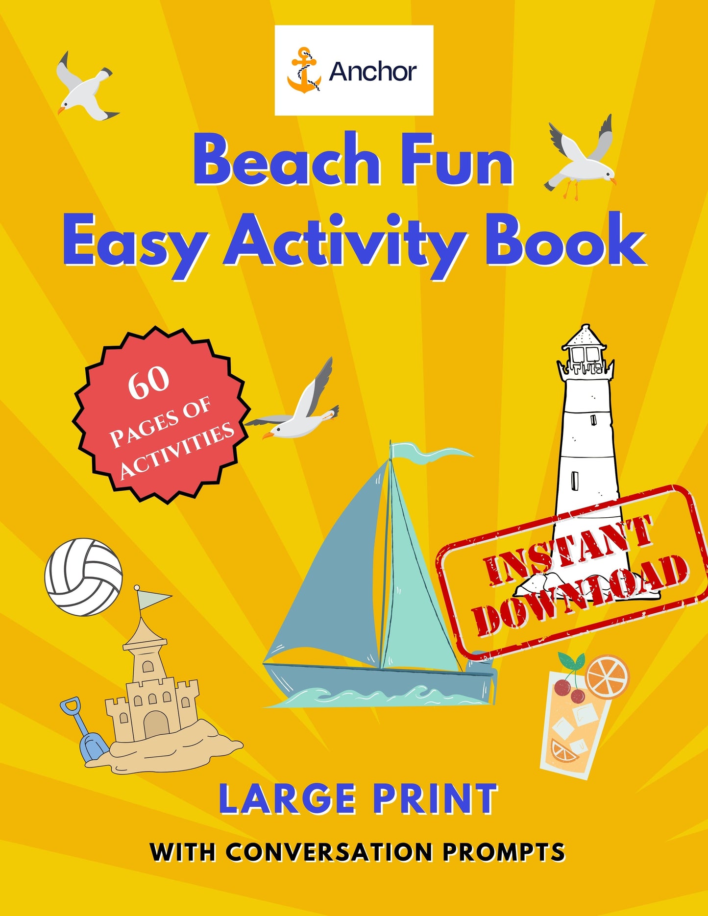 Beach Fun Activity Book PDF – 60 Pages of Mazes, Word Games, Coloring & More | Large Print for All Ages | Digital Download