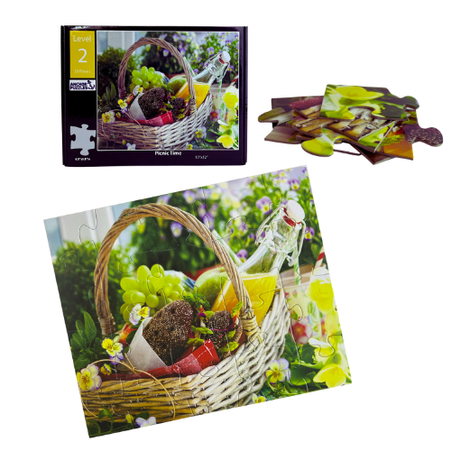Puzzle with a picnic theme featuring a basket, wine, and fruit on a white background.