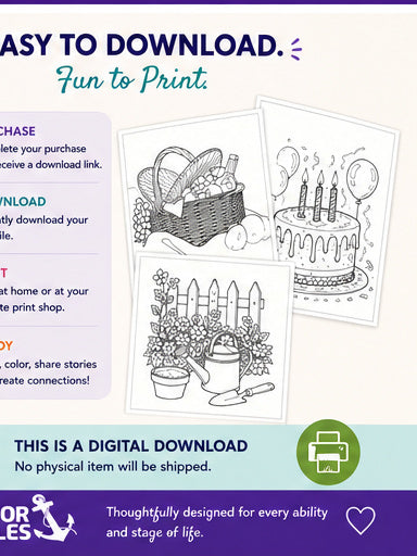 Adult Coloring Book Level 3 | Easy Coloring Pages for Seniors | Dementia & Memory Care Activity | Large Simple Printable PDF