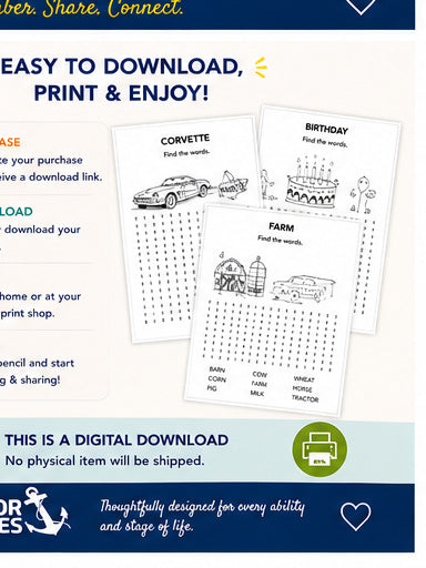 Adult Word Search Level 2 | Large Print Word Search for Seniors | Dementia & Memory Care Activity | Conversation Prompts PDF