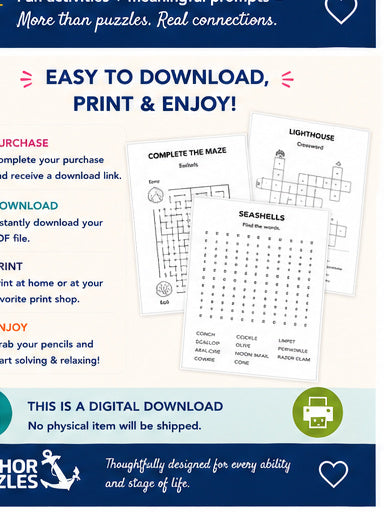 Beach Fun Activity Book for Adults & Seniors | Printable Puzzles Coloring Mazes & Games | Memory Care Activities | PDF Download