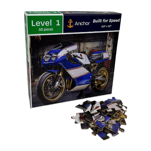 Motorcycle-themed puzzle set with pieces and packaging on a white background