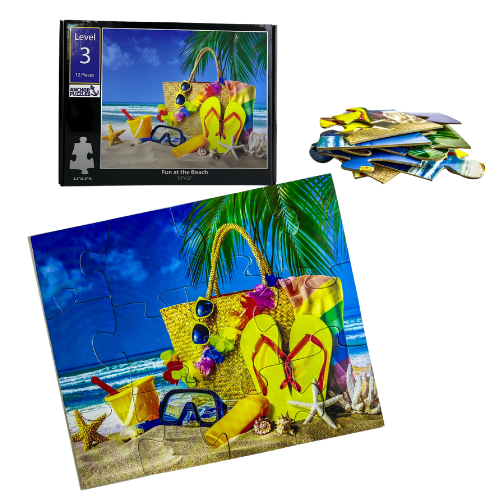 Beach-themed puzzle with a beach bag, sandals, and sunglasses on a white background