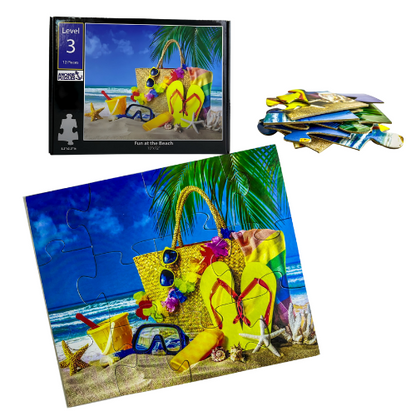 Beach-themed puzzle with a beach bag, sandals, and sunglasses on a white background
