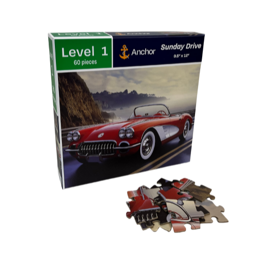 Puzzle box with a red car design and puzzle pieces on a white background