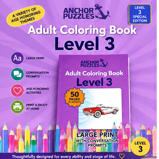 Adult Coloring Book Level 3 | Easy Coloring Pages for Seniors | Dementia & Memory Care Activity | Large Simple Printable PDF