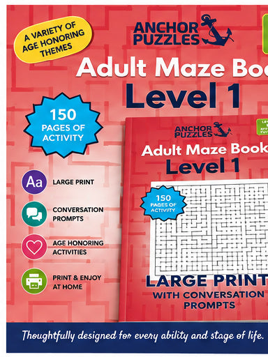 Adult Maze Book Level 1 | Large Print Mazes for Seniors & Adults | Memory Care Activity | Conversation Prompts | Printable PDF