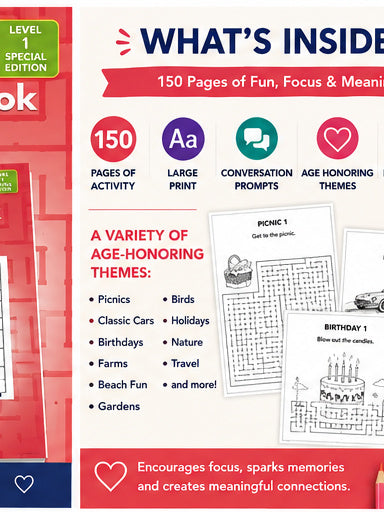 Adult Maze Book Level 1 | Large Print Mazes for Seniors & Adults | Memory Care Activity | Conversation Prompts | Printable PDF