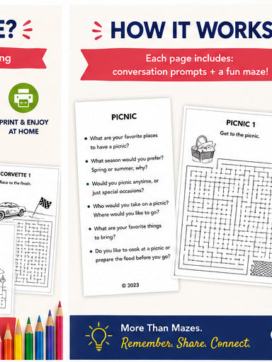 Adult Maze Book Level 1 | Large Print Mazes for Seniors & Adults | Memory Care Activity | Conversation Prompts | Printable PDF