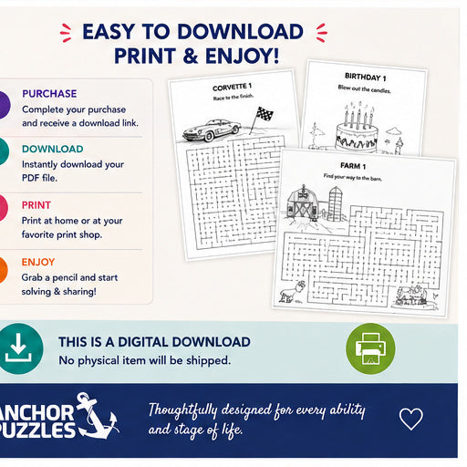 Adult Maze Book Level 1 | Large Print Mazes for Seniors & Adults | Memory Care Activity | Conversation Prompts | Printable PDF