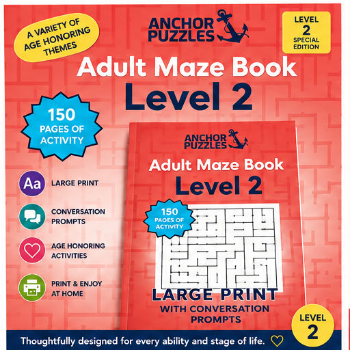 Adult Maze Book Level 2 | Large Print Mazes for Seniors | Dementia & Memory Care Activity | Conversation Prompts | Printable PDF