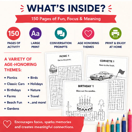 Adult Maze Book Level 2 | Large Print Mazes for Seniors | Dementia & Memory Care Activity | Conversation Prompts | Printable PDF