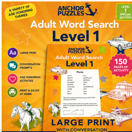Adult Word Search Level 1 | Large Print Word Search for Seniors | Conversation & Memory Activities | Printable PDF Activity Book