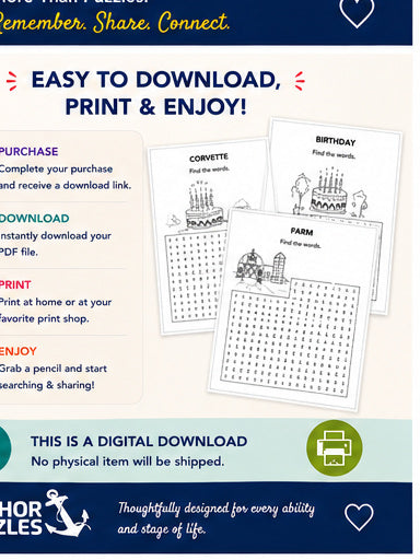Adult Word Search Level 1 | Large Print Word Search for Seniors | Conversation & Memory Activities | Printable PDF Activity Book