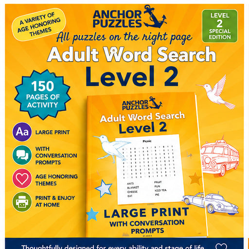 Adult Word Search Level 2 | Large Print Word Search for Seniors | Dementia & Memory Care Activity | Conversation Prompts PDF