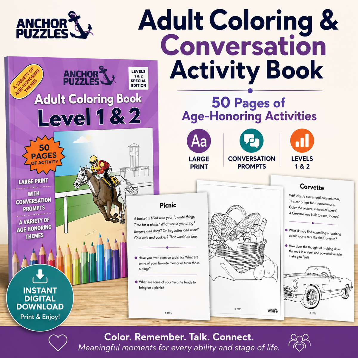 Adult Coloring Book Levels 1 & 2 | Coloring Pages for Seniors | Dementia & Memory Care Activity | Conversation Prompts | PDF