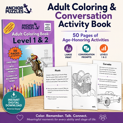 Adult Coloring Book Levels 1 & 2 | Coloring Pages for Seniors | Dementia & Memory Care Activity | Conversation Prompts | PDF