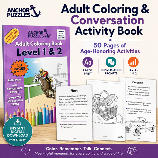 Adult Coloring Book Levels 1 & 2 | Coloring Pages for Seniors | Dementia & Memory Care Activity | Conversation Prompts | PDF