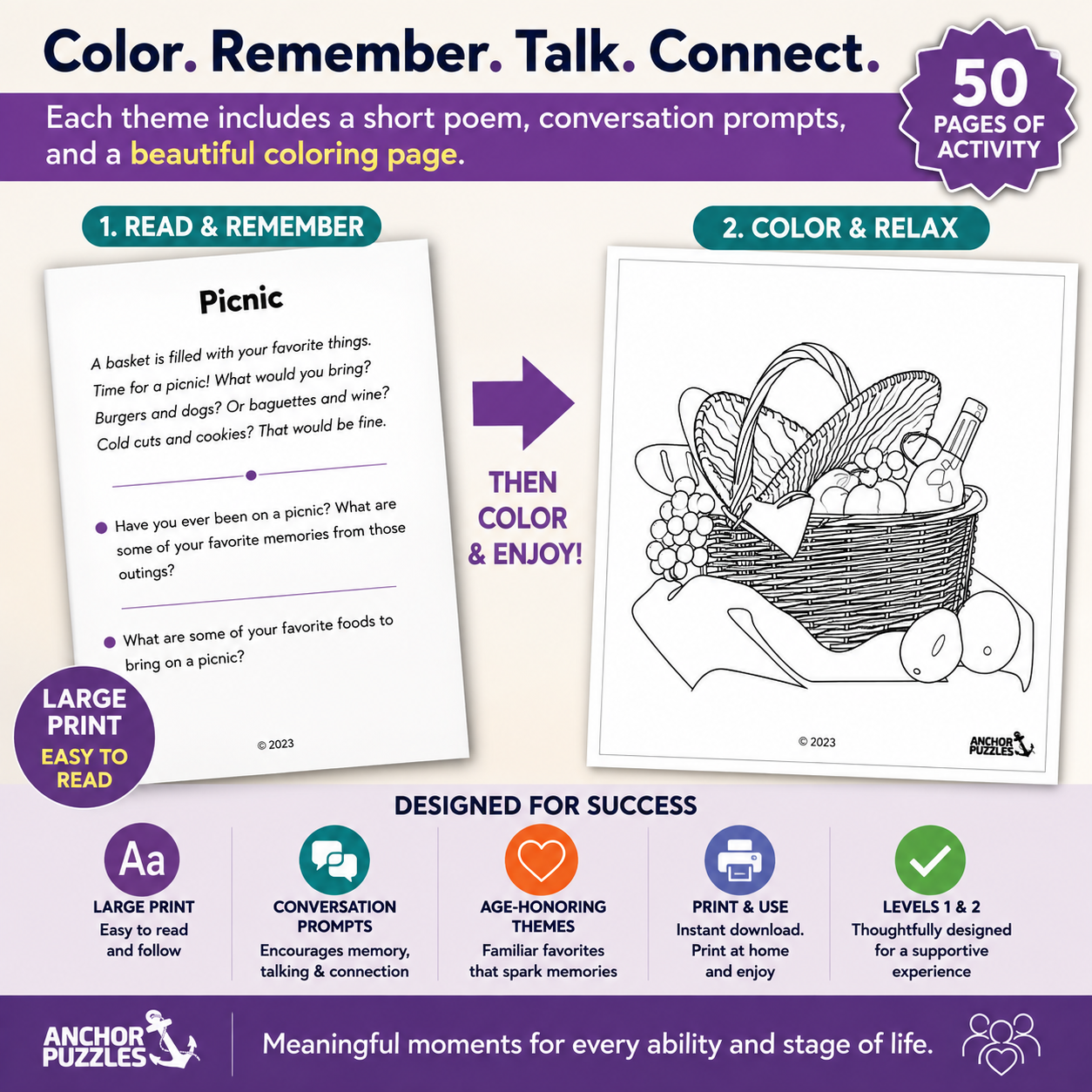 Adult Coloring Book Levels 1 & 2 | Coloring Pages for Seniors | Dementia & Memory Care Activity | Conversation Prompts | PDF