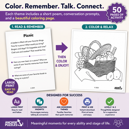 Adult Coloring Book Levels 1 & 2 | Coloring Pages for Seniors | Dementia & Memory Care Activity | Conversation Prompts | PDF