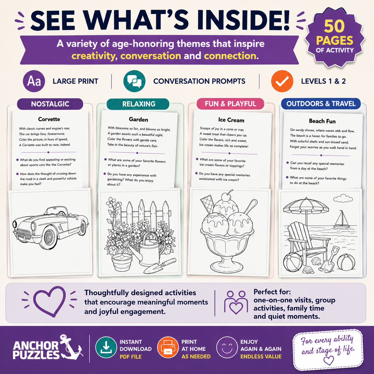Adult Coloring Book Levels 1 & 2 | Coloring Pages for Seniors | Dementia & Memory Care Activity | Conversation Prompts | PDF
