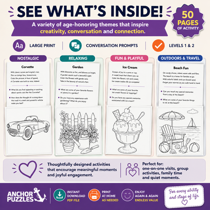 Adult Coloring Book Levels 1 & 2 | Coloring Pages for Seniors | Dementia & Memory Care Activity | Conversation Prompts | PDF