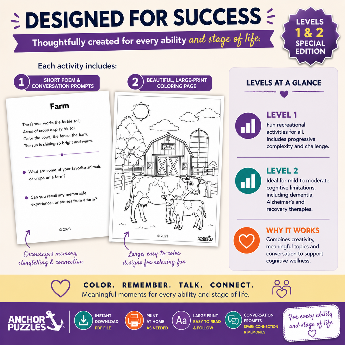Adult Coloring Book Levels 1 & 2 | Coloring Pages for Seniors | Dementia & Memory Care Activity | Conversation Prompts | PDF