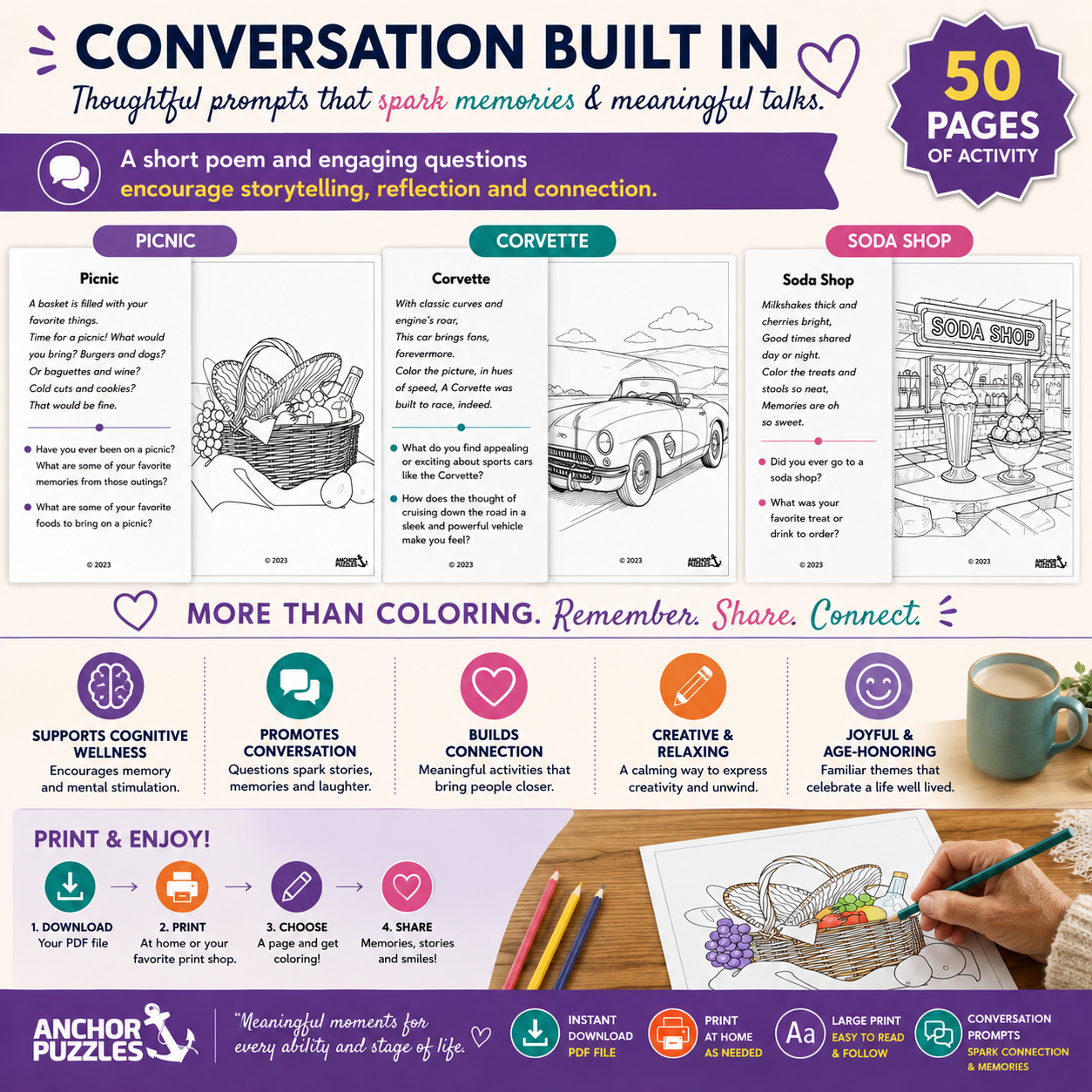 Adult Coloring Book Levels 1 & 2 | Coloring Pages for Seniors | Dementia & Memory Care Activity | Conversation Prompts | PDF