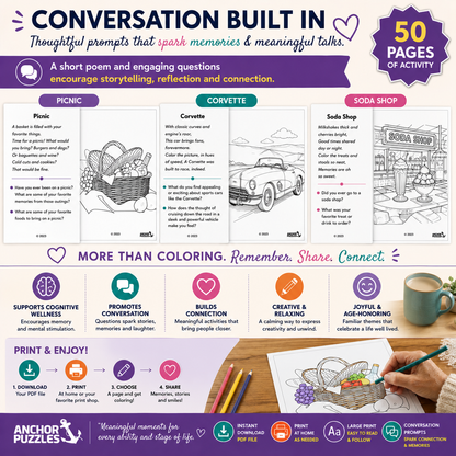 Adult Coloring Book Levels 1 & 2 | Coloring Pages for Seniors | Dementia & Memory Care Activity | Conversation Prompts | PDF