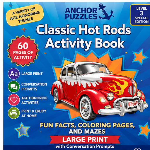 Classic Hot Rods Activity Book | Printable Activities for Seniors & Adults | Car Puzzles & Memory Care Activities | PDF Download
