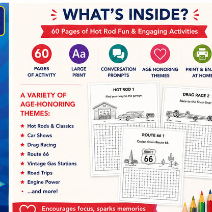 Classic Hot Rods Activity Book | Printable Activities for Seniors & Adults | Car Puzzles & Memory Care Activities | PDF Download