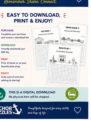 Classic Hot Rods Activity Book | Printable Activities for Seniors & Adults | Car Puzzles & Memory Care Activities | PDF Download