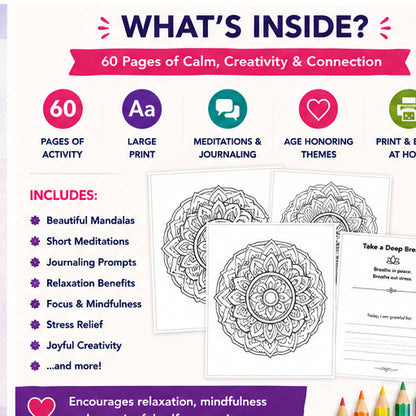 Meditative Mandalas Coloring Book | Printable Adult Coloring Pages | Mindfulness & Journaling Activities for Seniors | PDF Download